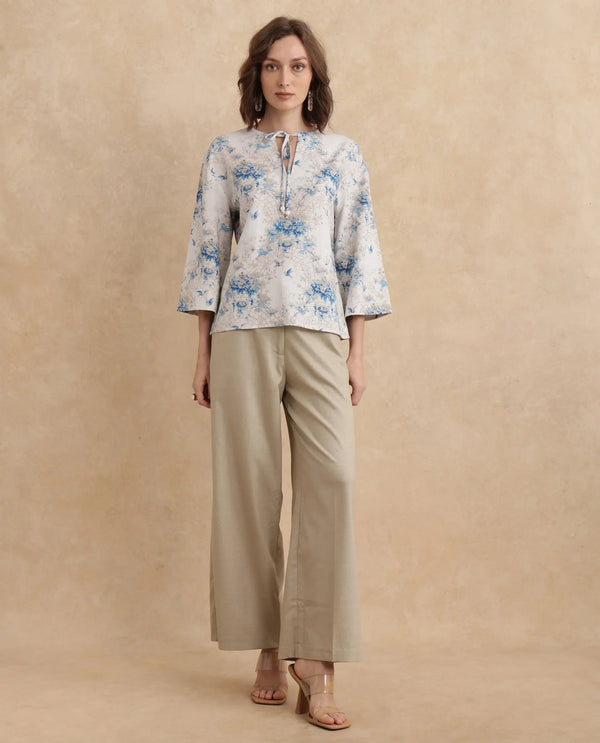Rareism Women Wemiso Dusky Blue Bell Seeves Tie Up Neck Regular Fit Floral Print Top