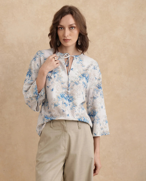 Rareism Women Wemiso Dusky Blue Bell Seeves Tie Up Neck Regular Fit Floral Print Top