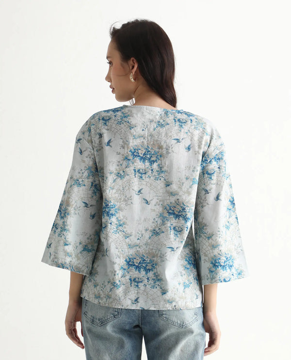 Rareism Women Wemiso Dusky Blue Bell Seeves Tie Up Neck Regular Fit Floral Print Top