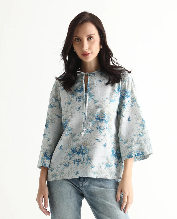 Rareism Women Wemiso Dusky Blue Bell Seeves Tie Up Neck Regular Fit Floral Print Top