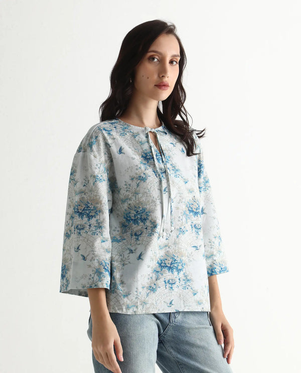 Rareism Women Wemiso Dusky Blue Bell Seeves Tie Up Neck Regular Fit Floral Print Top