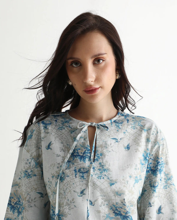 Rareism Women Wemiso Dusky Blue Bell Seeves Tie Up Neck Regular Fit Floral Print Top