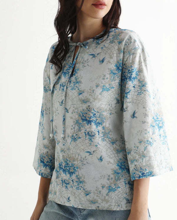 Rareism Women Wemiso Dusky Blue Bell Seeves Tie Up Neck Regular Fit Floral Print Top