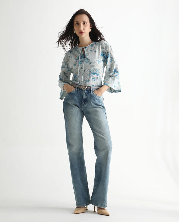 Rareism Women Wemiso Dusky Blue Bell Seeves Tie Up Neck Regular Fit Floral Print Top