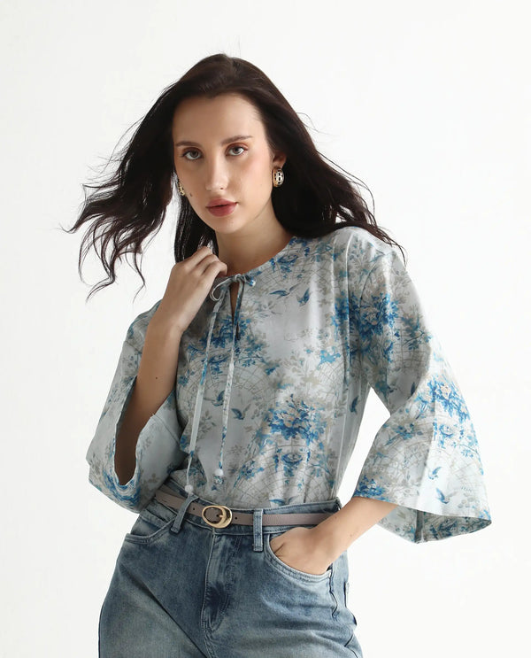 Rareism Women Wemiso Dusky Blue Bell Seeves Tie Up Neck Regular Fit Floral Print Top