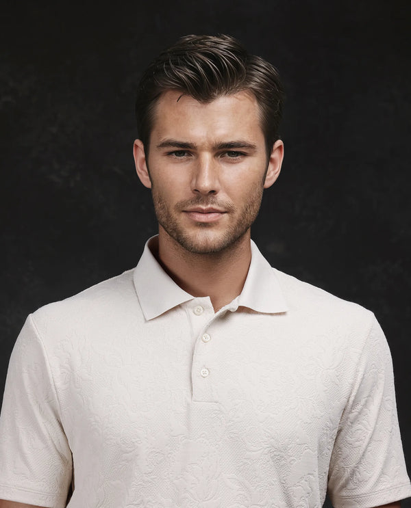 Rare Rabbit Men Weso Off White Poly Blend Fabric Short Sleeve Collared Neck Button Closure Plain Polo