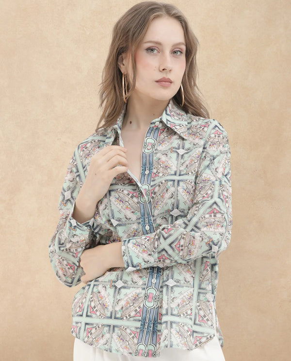 Rareism Women Westwick Pastel Green Cotton Fabric Full Sleeves Button Closure Collared Neck Cuffed Sleeve Relaxed Fit Abstract Print Top