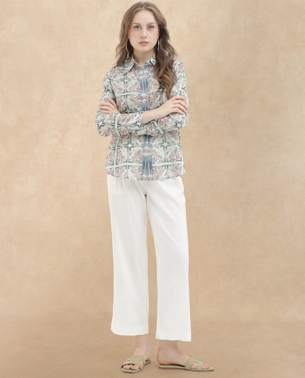 Rareism Women Westwick Pastel Green Cotton Fabric Full Sleeves Button Closure Collared Neck Cuffed Sleeve Relaxed Fit Abstract Print Top