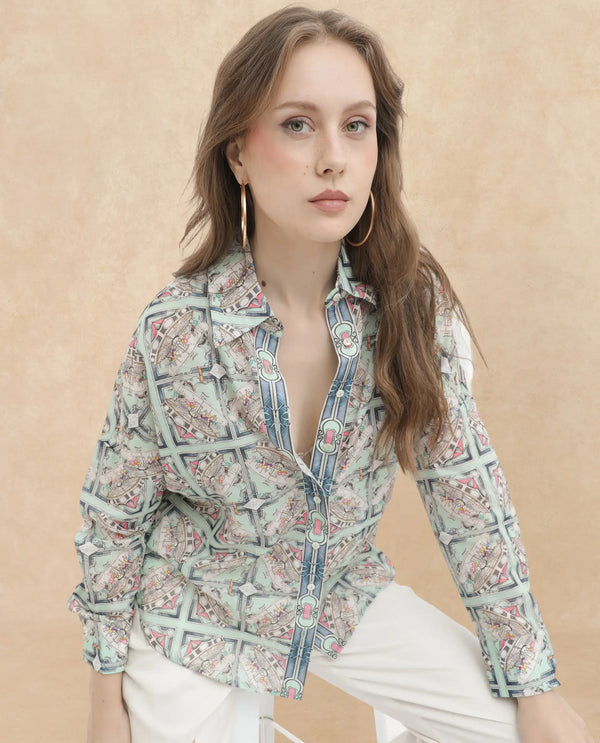 Rareism Women Westwick Pastel Green Cotton Fabric Full Sleeves Button Closure Collared Neck Cuffed Sleeve Relaxed Fit Abstract Print Top