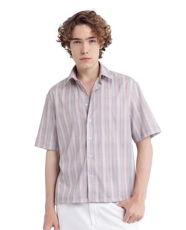 Rare Rabbit Men's Wexder Beige Cotton Fabric Short Sleeve Collared Neck Button Closure Multicolor Printed Shirt