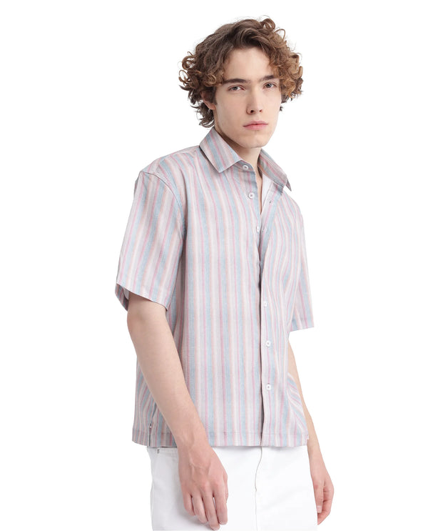 Rare Rabbit Men's Wexder Beige Cotton Fabric Short Sleeve Collared Neck Button Closure Multicolor Printed Shirt