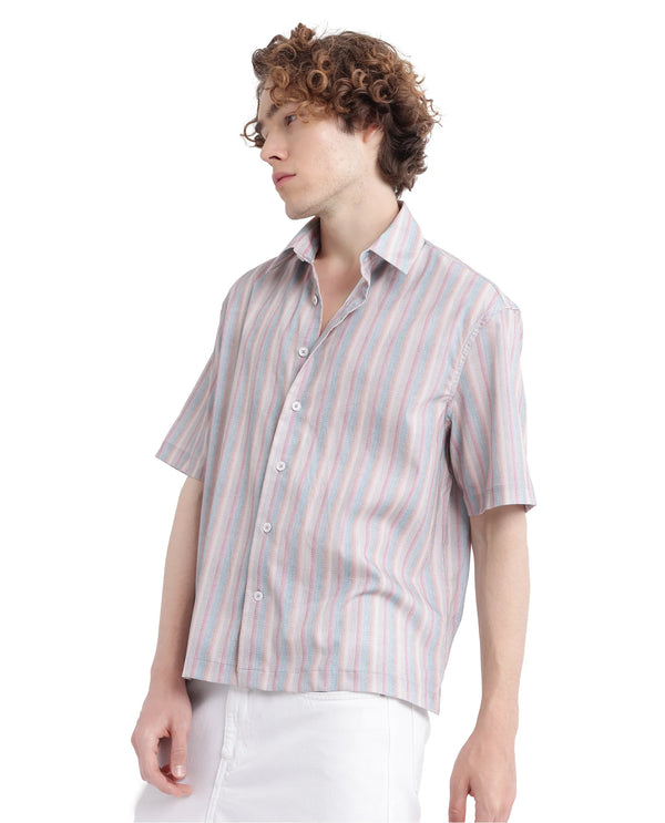 Rare Rabbit Men's Wexder Beige Cotton Fabric Short Sleeve Collared Neck Button Closure Multicolor Printed Shirt