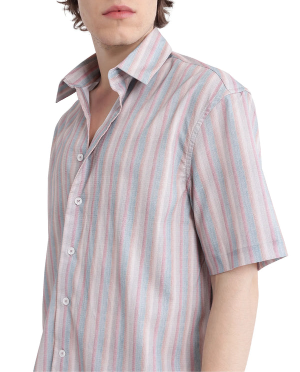 Rare Rabbit Men's Wexder Beige Cotton Fabric Short Sleeve Collared Neck Button Closure Multicolor Printed Shirt