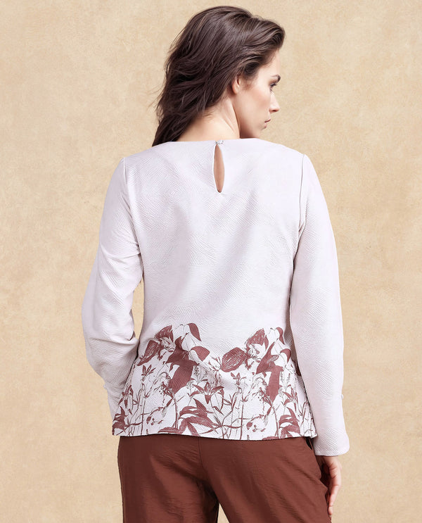 Rareism Women Whas Beige Polyester Fabric Full Sleeve V-Neck Button Closure Froral Print Top