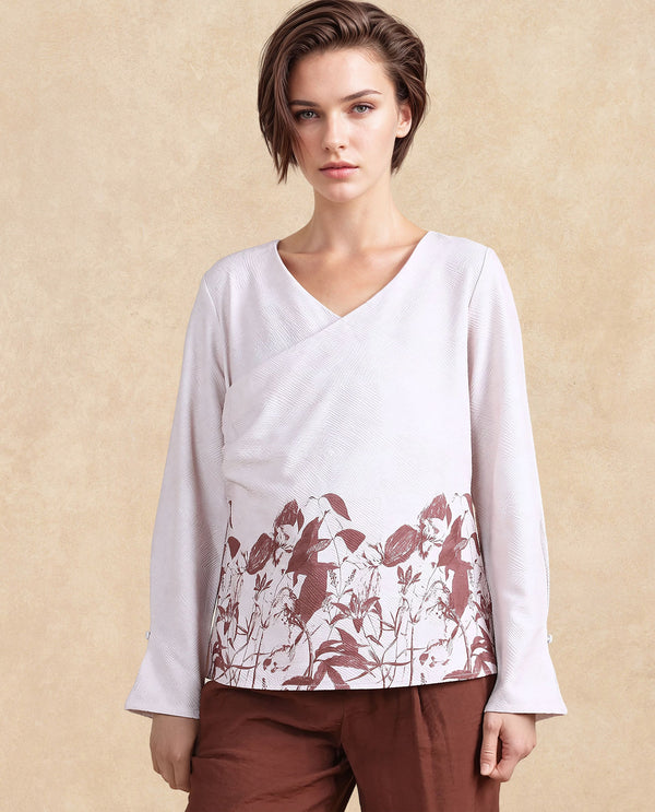 Rareism Women Whas Beige Polyester Fabric Full Sleeve V-Neck Button Closure Froral Print Top