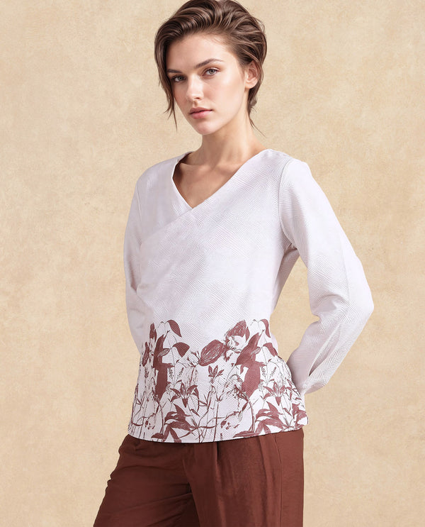 Rareism Women Whas Beige Polyester Fabric Full Sleeve V-Neck Button Closure Froral Print Top