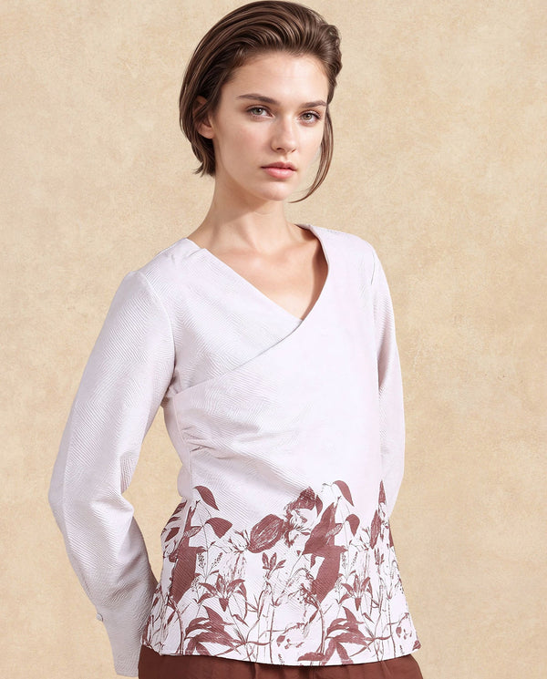 Rareism Women Whas Beige Polyester Fabric Full Sleeve V-Neck Button Closure Froral Print Top