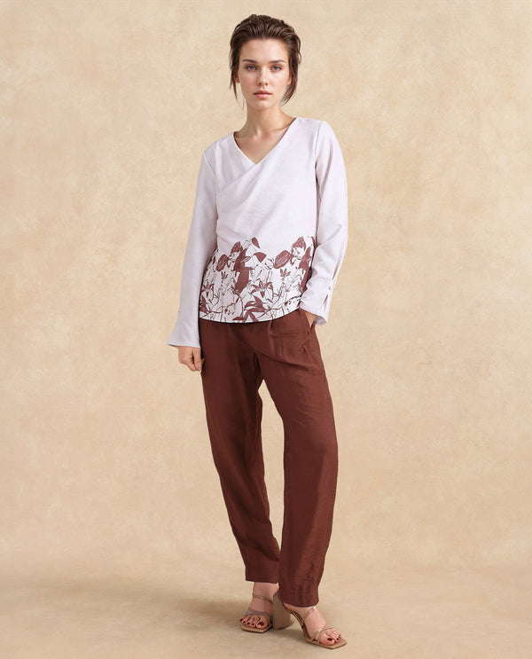 Rareism Women Whas Beige Polyester Fabric Full Sleeve V-Neck Button Closure Froral Print Top