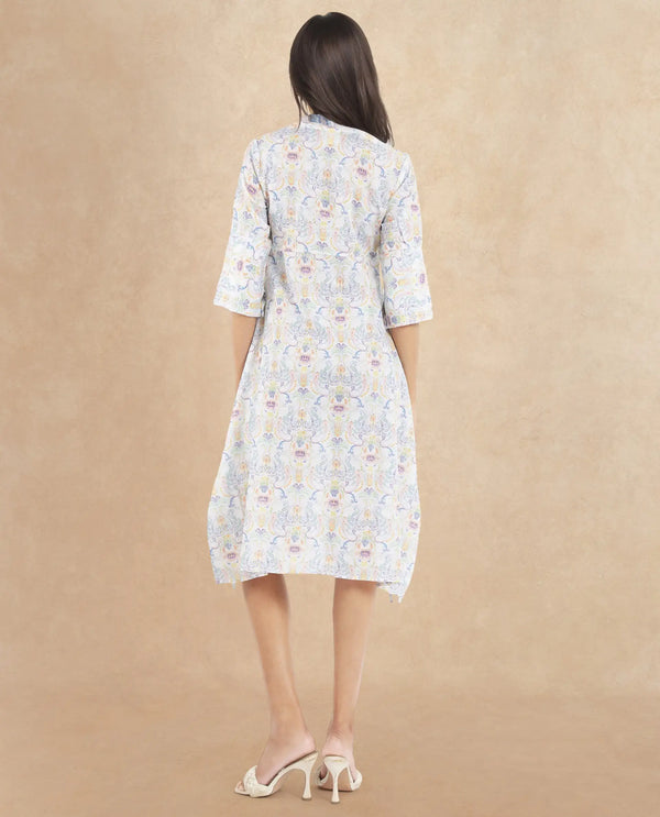 Rareism Women Wherry Multi Short Sleeve V-Neck A-Line Midi Abstract Print Dress