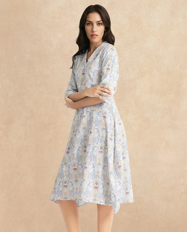 Rareism Women Wherry Multi Short Sleeve V-Neck A-Line Midi Abstract Print Dress
