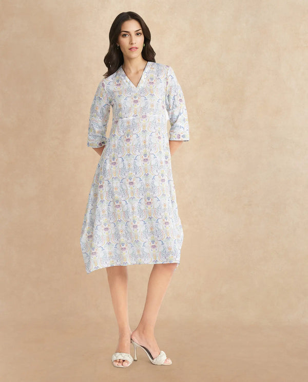 Rareism Women Wherry Multi Short Sleeve V-Neck A-Line Midi Abstract Print Dress