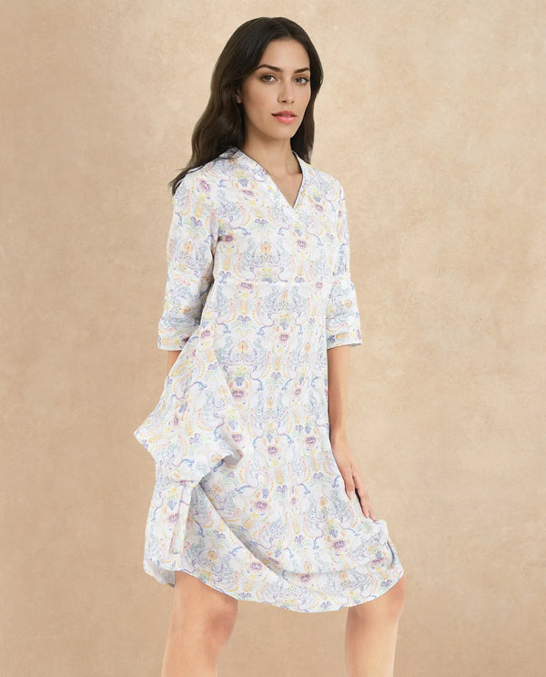Rareism Women Wherry Multi Short Sleeve V-Neck A-Line Midi Abstract Print Dress