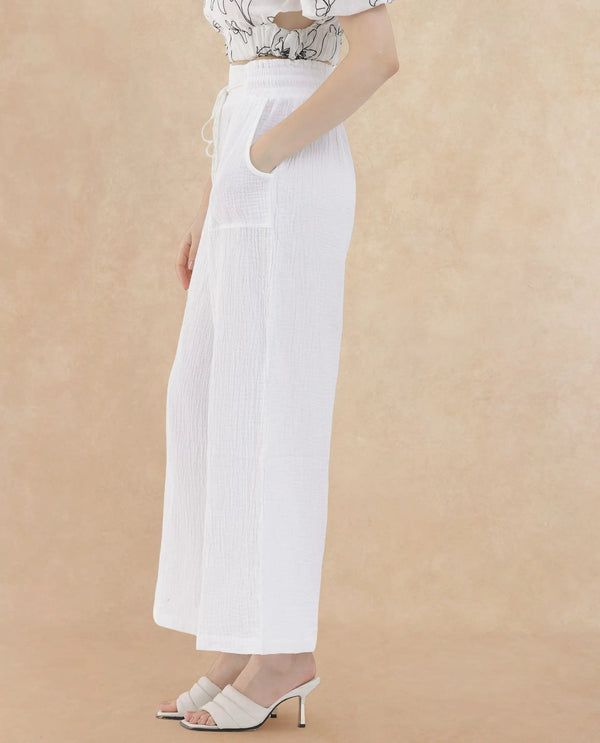 Rareism Women Jorden Pastel White Cotton Fabric Drawstring Closure Wide Leg Fit Plain Ankle Length Trousers