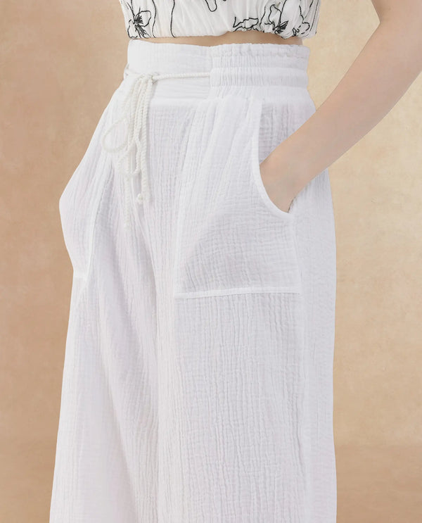 Rareism Women Jorden Pastel White Cotton Fabric Drawstring Closure Wide Leg Fit Plain Ankle Length Trousers