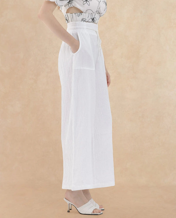 Rareism Women Jorden Pastel White Cotton Fabric Drawstring Closure Wide Leg Fit Plain Ankle Length Trousers