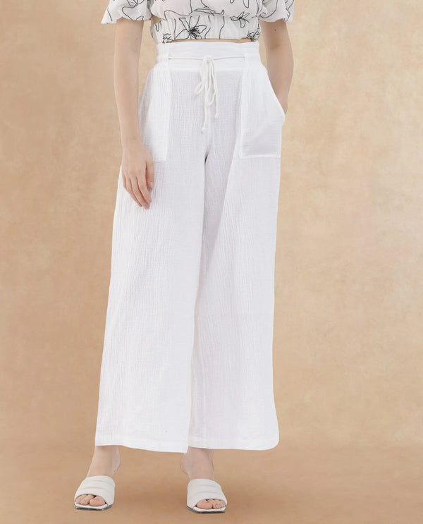 Rareism Women Jorden Pastel White Cotton Fabric Drawstring Closure Wide Leg Fit Plain Ankle Length Trousers
