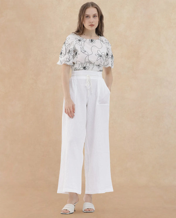 Rareism Women Jorden Pastel White Cotton Fabric Drawstring Closure Wide Leg Fit Plain Ankle Length Trousers