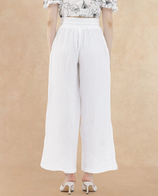 Rareism Women Jorden Pastel White Cotton Fabric Drawstring Closure Wide Leg Fit Plain Ankle Length Trousers