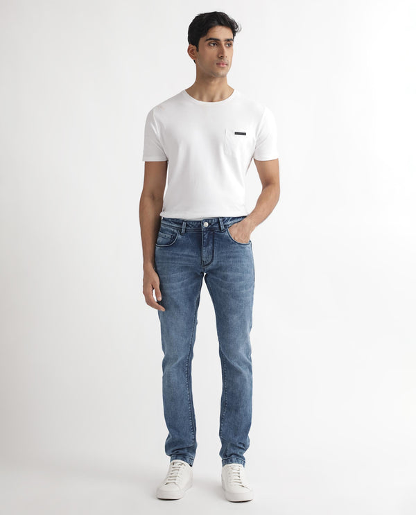 Rare Rabbit Men's Widz Light Blue Mid Wash Mid-Rise Slim Fit Jeans