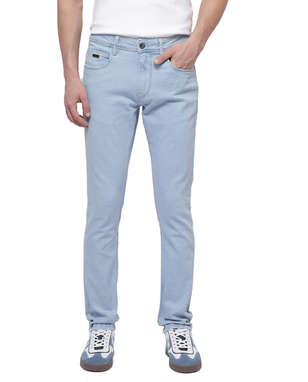 Rare Rabbit Men Will Light Blue Cotton Spandex Fabric Slim Fit Ice Wash Plain Denim Pant