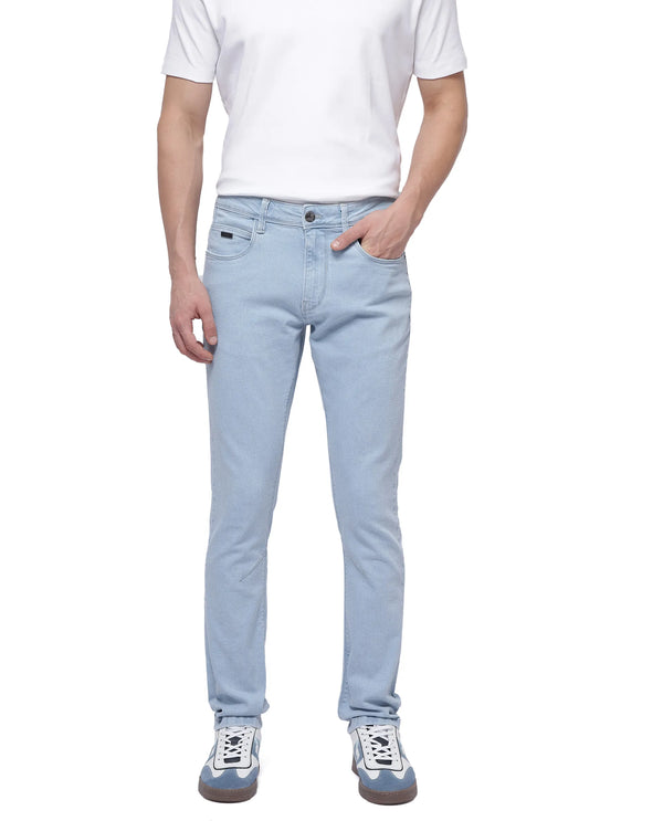 Rare Rabbit Men Will Light Blue Cotton Spandex Fabric Slim Fit Ice Wash Plain Denim Pant