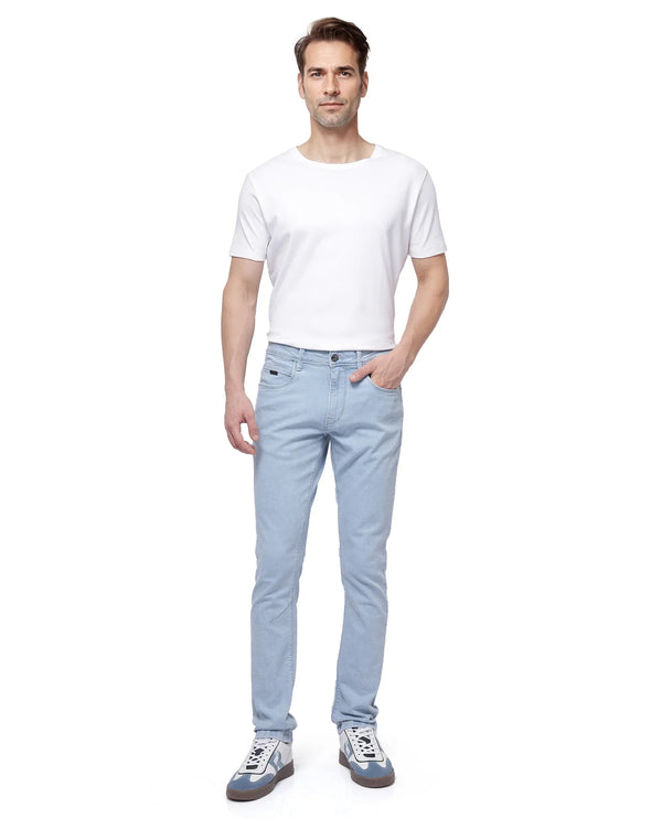 Rare Rabbit Men Will Light Blue Cotton Spandex Fabric Slim Fit Ice Wash Plain Denim Pant