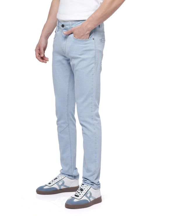 Rare Rabbit Men Will Light Blue Cotton Spandex Fabric Slim Fit Ice Wash Plain Denim Pant