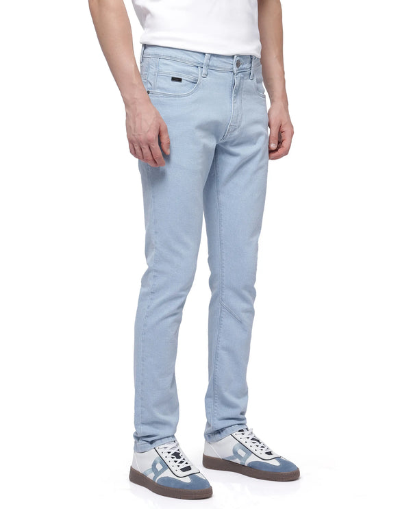 Rare Rabbit Men Will Light Blue Cotton Spandex Fabric Slim Fit Ice Wash Plain Denim Pant