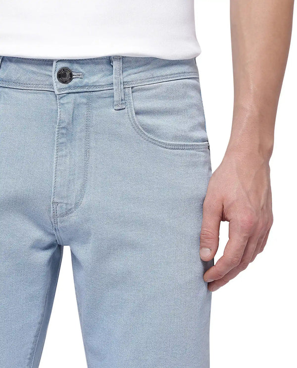 Rare Rabbit Men Will Light Blue Cotton Spandex Fabric Slim Fit Ice Wash Plain Denim Pant