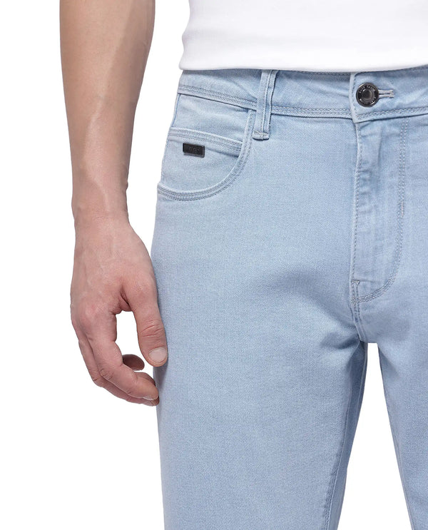 Rare Rabbit Men Will Light Blue Cotton Spandex Fabric Slim Fit Ice Wash Plain Denim Pant