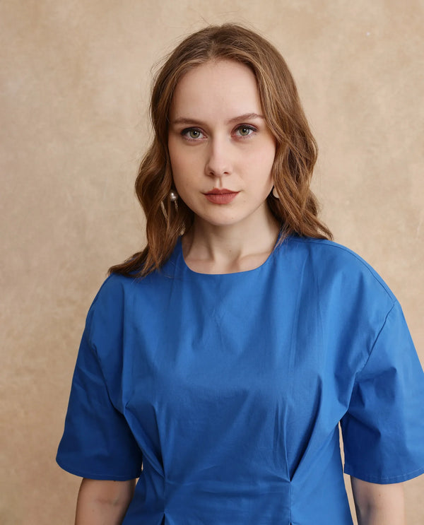 Rareism Women Wimf Blue Cotton Fabric Regular Sleeves Round Neck Button Closure Plain Top