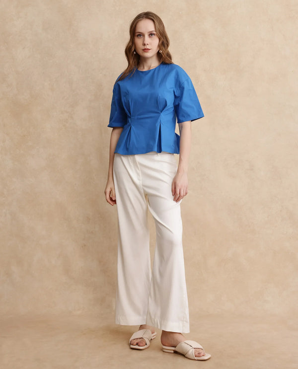 Rareism Women Wimf Blue Cotton Fabric Regular Sleeves Round Neck Button Closure Plain Top