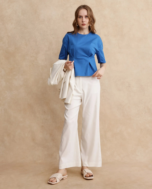 Rareism Women Wimf Blue Cotton Fabric Regular Sleeves Round Neck Button Closure Plain Top