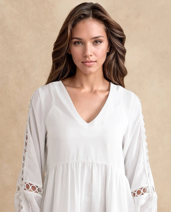 Rareism Women Wimbledon White Polyester Fabric Dyed Relaxed Fit Below Knee Length Dress