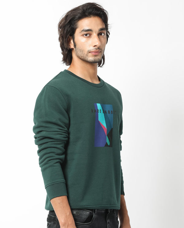 Rare Rabbit Men's Winfred Green Cotton Polyester Fabric Full Sleeves Graphic Print Sweatshirt