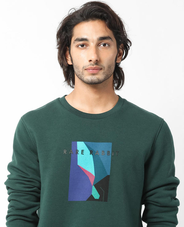 Rare Rabbit Men's Winfred Green Cotton Polyester Fabric Full Sleeves Graphic Print Sweatshirt
