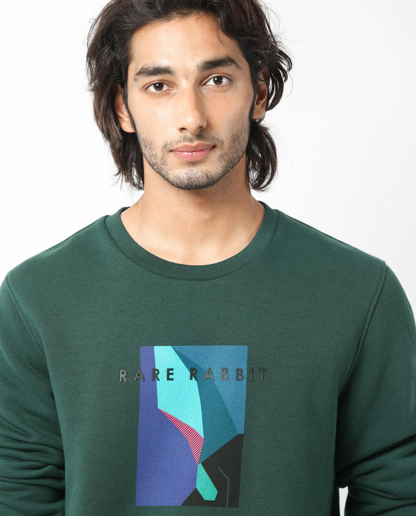 Rare Rabbit Men's Winfred Green Cotton Polyester Fabric Full Sleeves Graphic Print Sweatshirt