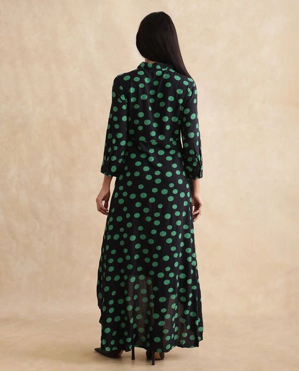 Rareism Women's Winslet Black Rayon Fabric Drop Collar Button Closure Cuffed Sleeve Polka Flared Maxi Dress