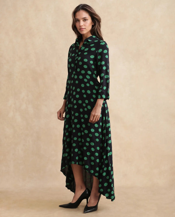 Rareism Women's Winslet Black Rayon Fabric Drop Collar Button Closure Cuffed Sleeve Polka Flared Maxi Dress
