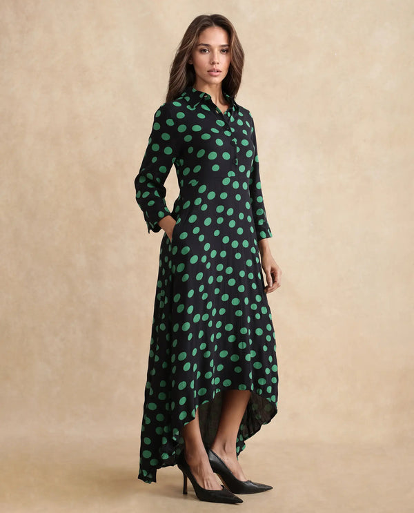 Rareism Women's Winslet Black Rayon Fabric Drop Collar Button Closure Cuffed Sleeve Polka Flared Maxi Dress